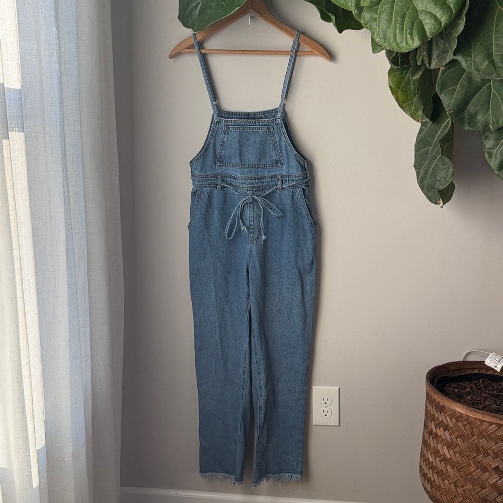 Forever 21 Ankle Length Raw Hem Square Neckline Drawstring Waist Denim Overalls
